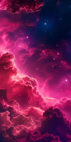 the sky is filled with pink clouds and bright stars in the distance, as well as blue