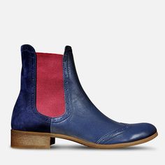 Leather; upper & lining Man-made sole 2.5 cm / 1.0" heel height Handcrafted in Europe Materials: These Chelsea boots in dark blue shades with contrasting red elastics will make a great addition to your wardrobe. For a dash of originality, the rounded-toe pair is adorned with suede leather at the heel and brogue details. Leathers: Navy Blue Soft, Dark Blue Velvet Elastic: Burgundy Decorations: Brogues Sole: Beige #1685 CUSTOMIZEBANNER9987925889_ Burgundy Decorations, Blue Chelsea Boots, Dark Blue Velvet, Custom Made Shoes, Blue Soft, Fabulous Shoes, Blue Velvet, Custom Shoes, High Quality Leather