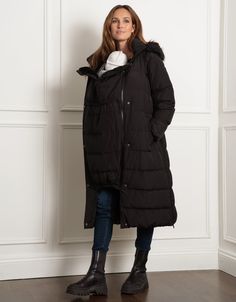 maternity, nursing, maternity coat, puffer, puffa, nursing coat, midi, quilting, expandable, lined, faux fur, babywearing, belt, belt loops, buckle, gunmetal, water resistant, caripod, baby carrier, black, monika Postpartum Dresses, Coat Puffer, Maternity Belt, Nursing Maternity, Black Puffer Coat, Maternity Coat, Black Puffer, Maternity Nursing, Baby Carrier