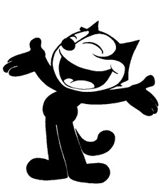 a black and white image of a cat with its arms out in the air, smiling