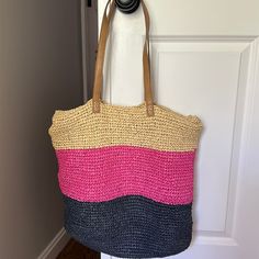 Used A Handful Of Times. Looks Brand New. Spring Pink Straw Bag With Braided Handles, Studio Bag, Pink Blue, Tote Bags, Straw, Bag Lady, Color Blue, Van, Brand New