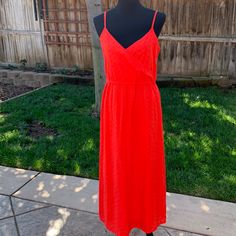 Cute Sun Dress. Bright Red. Holiday Midi-length Sundress Maxi Dress, Orange Sleeveless Dress For Holiday, Red Maxi Sundress For Day Out, Red Sleeveless Midi Dress For Brunch, Red Lined V-neck Midi Dress, Red Lined Midi Dress With V-neck, Orange Spring Holiday Dresses, Red V-neck Lined Midi Dress, Red Spring Dress For Date Night