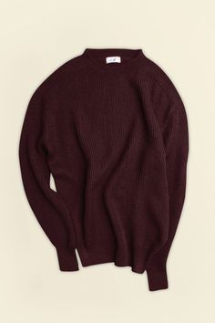 Color: Burgundy Classic Ribbed Wool Sweater, Classic Ribbed Cashmere Sweater, Classic Knit Sweater With Ribbing, Classic Brown Ribbed Sweater, Classic Winter Sweater With Ribbing, Classic Ribbed Merino Wool Sweater, Fall Crew Neck Sweater With Ribbing, Crew Neck Sweater With Ribbing For Fall, Fall Merino Wool Turtleneck With Ribbed Cuffs