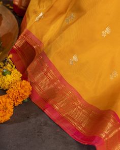 "Experience the vibrant beauty of our Handwoven Narali Kath yellow pure silk yeola paithani. Handcrafted with traditional weaving techniques, each piece is a unique work of art. Add a touch of elegance and tradition to your wardrobe (without breaking the bank!). No two are alike. Limited edition!" Chanderi Traditional Wear With Zari Weaving For Rituals, Cotton Silk Traditional Wear For Navratri Rituals, Paithani Silk Saree With Zari Weaving For Rituals, Yellow Unstitched Saree For Traditional Ceremonies, Paithani Silk Saree With Self Design For Rituals, Traditional Katan Silk Wear For Rituals And Festivals, Bollywood Style Paithani Silk Dupatta For Rituals, Festive Paithani Silk Saree For Rituals, Festive Cotton Silk Saree For Rituals