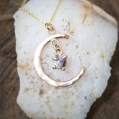 "Raw pink diamond is set in a handcrafted prong and dangles from your choice of 14k gold filled or 925 sterling silver hammered crescent moon. Pendant suspends from a 1.1mm strong but delicate sparkling cable chain. ~.75\" crescent pendant ~3mm approx genuine raw diamond ~Wrapped & ready for gifting or keeping ~Handmade in Tennessee" Raw Rose Quartz Necklace, Raw Diamond Necklace, Crescent Pendant, White Diamond Necklace, Raw Rose Quartz, Rose Quartz Necklace, Raw Diamond, Clear Quartz Crystal, Natural Earth