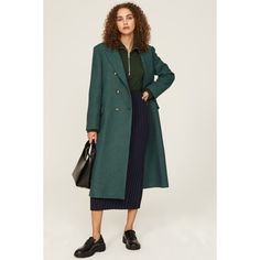 Green wool blend (70% Wool, 30% Polyamide). Peacoat. Long sleeves. Collar. Front button closure. 49" from shoulder to hemline. Imported. Double-breasted Wool Coat With Button Cuffs For Work, Casual Long Sleeve Double-breasted Wool Coat, Casual Long Sleeve Wool Coat With Double-breasted Buttons, Casual Long Sleeve Wool Coat With Double-breasted Fastening, Wool Double-breasted Coat For Fall, Winter Button-up Workwear Outerwear, Winter Button-up Outerwear For Work, Winter Workwear Button-up Outerwear, Double-breasted Long Sleeve Business Casual Outerwear