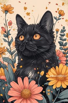 a black cat surrounded by flowers and leaves