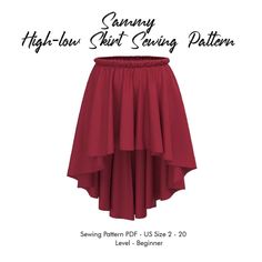 a red skirt with the words high low shirt sewing pattern on it