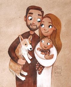 a drawing of a man and woman holding a baby with a dog in their arms