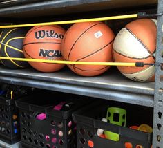 basketballs are lined up on the shelf