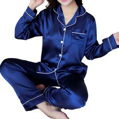 Material: PolyesterMaterial: SpandexPattern Type: SolidCollar: Turn-down CollarLength: Full LengthOrigin: CN(Origin)Sleeve Length(cm): FullSeason: SpringObscene Picture: NoSexually Suggestive: NoMaterial Composition: 95% Polyester 5%spandex Pijama Satin, Pajamas Aesthetic, Night Wears, Satin Pyjamas, Silk Pajamas Women, Pajama Fashion, Pyjama Satin, Summer Pajama Set, Comfortable Loungewear