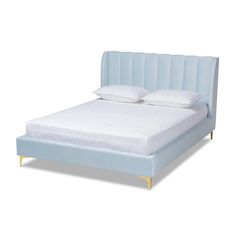 Baxton Studio Saverio Glam and Luxe Light Blue Velvet Fabric Upholstered Queen Size Platform Bed with Gold-Tone Legs FredCo Classic Channel, Light Blue Velvet, Studio Bed, Blue Velvet Fabric, College House, Queen Size Platform Bed, Foam Bed, Beach Room, Queen Platform Bed