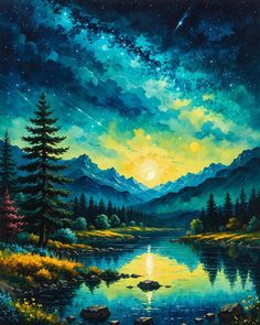 a painting of the night sky over a lake with mountains and stars in the background