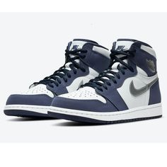 Air Jordan 1 High Og Co.Jp ‘Midnight Navy’ Never Mess With A Classic. Keep Heritage On Your Feet With A White-On-White Look That Will Never Go Out Of Style. Stitched-Down Swoosh Logo Wings Logo On The Collar Shown: White/White/Navy Blue Brand New With Box. Size Us 8 ,Euro 41, Uk 7, Cm 26 Midnight Blue Shoes, Jordans Dark Blue, Navy Blue Wishlist, Dark Blue Jordans, Navy Blue Jordans, Navy Jordans, Avani Outfits, Blue And White Jordans, Dark Blue Shoes