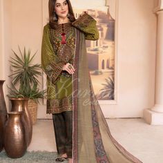 Karma Collection Cotton Embroidered Suit Karma Collection Original Designer Wear Color: Green Material: Cotton Embroidered Cotton Lawn Shirt Pani Work Multi Embroidery Khadi Lawn Dupatta Digital Printed Shalwar In Ajrak Style Stitched & Ready To Wear Green Jamawar Straight Kurta, Bohemian Designer Wear Dupatta With Dabka Details, Bohemian Designer Dupatta With Dabka Work, Bohemian Dupatta With Dabka For Designer Wear, Bohemian Designer Dupatta With Dabka Details, Cotton Traditional Wear With Naqshi For Navratri, Bohemian Designer Wear Dupatta For Eid, Festival Cotton Salwar Kameez With Naqshi, Cotton Salwar Kameez With Naqshi For Festivals