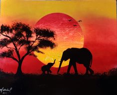 an elephant and its baby are silhouetted against the setting sun in this acrylic painting