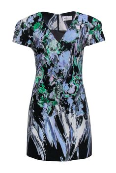 Current Boutique-Milly - Black & Pastel Multicolor Brush Stroke V-Neck Dress Sz M Spring V-neck Mini Dress With Abstract Print, Black V-neck Dress With Abstract Print, Modern V-neck Mini Dress For Spring, Modern V-neck Spring Dresses, Black Graphic Print Midi Dress For Spring, Spring Mini Dress With Abstract Print And V-neck, Black Printed Evening Dress, Elegant Black Dress With Graphic Print, Chic Black Dress With Abstract Print