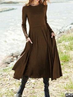 Fisdy - Elegant Long Sleeve Maxi Dress Floor Length Maxi Dress, Long Sleeve Evening Gowns, Beautiful Long Dresses, Long Sleeve Kimono, Long Sleeve Dress Formal, Long Sleeve Wrap Dress, Maxi Styles, Midi Dress Casual, Crewneck Dress