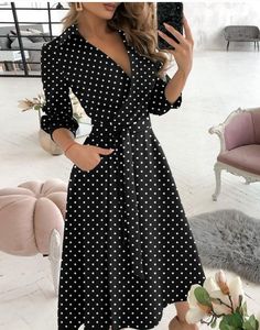 Spring/summer Fashion Long-sleeved V-neck Print Hip Dress Women's Wear Khaki-S Women's A Line Dresses, New Party Dress, Dot Print Dress, 파티 드레스, Straight Clothes, Office Dresses For Women, Womens Fall Dress, Business Dress, Party Dress Short