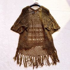 Brand New With Tag Oversized Bohemian Fall Cover-up, Oversized Bohemian Knitted Sweater, Bohemian Knit Poncho With Fringe, One Size Bohemian Sweater, Bohemian Cardigan For Beach Cover-up In Fall, Bohemian Brown Sweater For Spring, Bohemian Knitted Shawl For Beach, Bohemian Open Knit Shawl, Oversized Bohemian Festival Cardigan