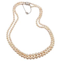 Dating to approximately 1940, this luxurious strand of luminous, gleaming nearly-antique cultured pearls is so fine in quality it rivals -and in some ways surpasses- that of natural, uncultured pearls. Composed of 155 creamy white graduated cultured Akoya pearls. measuring from 3mm to just above 8mm, this double-strand necklace features an exquisite 18K clasp set with four small, beautiful old-cut diamonds. The clasp bears marks from France. These pearls hail from the early days of the cultured pearl farming industry. As such, they were allowed to remain in the cold seawater for a longer period of time than modern Akoya pearls. The resulting pearls have thick nacre that gives them the luminous look of natural pearls, which are solid nacre. The pearls also have surface blemishes and imperfe Vintage Akoya Pearl Jewelry With Round Beads, Vintage Akoya Pearl Drop Necklace, Vintage Akoya Pearl Beaded Jewelry, Vintage Akoya Pearl Bead Jewelry, Vintage Single Strand Akoya Pearl Jewelry, Vintage Akoya Pearl Necklace For Formal Occasions, Vintage Akoya Pearl Necklace, Vintage Akoya Pearl Necklace For Anniversary, Classic Double Strand Pearl White Necklace