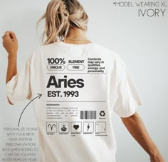 Personalize our trendy Aries zodiac shirt with the birth year of your favorite Aries! This is made on the super comfy comfort colors t-shirt making it an easy favorite! *UNISEX T-SHIRTS- Run true to size.  If wanting a more oversized t-shirt look, selecting 2 sizes up is recommended. **CUSTOMIZATION-If you would like this design in a different color or on a different item (t-shirt, sweatshirt, tank top, bag, hat, etc.)-please message us and we will do our very best to get it made for you.  Placi Best Tshirt Design Ideas, Design T Shirts Ideas, Back Shirt Design, Modern T Shirt Design, Running Shirt Design, Cute T Shirt Designs, Custom Shirts Ideas, Clothes Branding, T Shirt Ideas Design