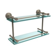 two glass shelves with metal handles and towel bars on each shelf, against a white background