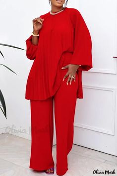 OliviaMark - Elegantes rotes, solides, zweiteiliges Patchwork-Set mit langen Ärmeln Decent Outfits, Yellow Two Piece, Wide Leg Pants Outfit, Plus Size Chic, Plus Size Outfit Ideas, Wide Leg Pant Suit, Lantern Sleeve Top, Elegant Pant, Stylish Jumpsuit