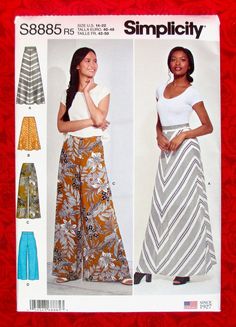 "I am pleased to offer Simplicity S8885. This sewing pattern is for: ** View A - a flared maxi skirt with a waistband and an invisible side zipper. ** View B - a flared skirt with an invisible side zipper. ** View C - a pair of wide-leg pants with an invisible side zipper. ** View D - a pair of cropped wide-leg pants with a waistband and an invisible side zipper. This pattern will accommodate Misses' and Plus sizes 14, 16, 18, 20, and 22; waist sizes 28\" - 37\", and hip sizes 38\" - 46\". The p Wide Leg Pants Pattern, Skirt And Pants, Clothing Projects, Pants Sewing, Maxi Rok, Pants Sewing Pattern, Costura Diy, Simplicity Sewing, Things To Sew