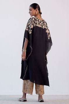 Buy Black Muslin And Shantoon Embroidered Dori V Neck Kaftan & Palazzo Set For Women by Devnaagri Online at Aza Fashions. V Neck Kaftan, Dori Embroidery, Dori Work, Black Kaftan, Embroidered Kaftan, Palazzo Set, Scallop Hem, Hand Block Print, Scalloped Hem