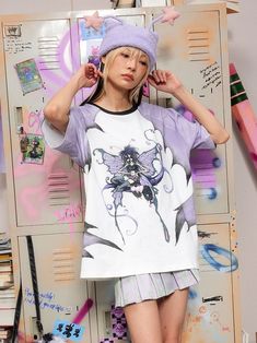 The price is for a T-shirt only, others are not included.  Garment Size   	 		 			Size 			S 			M 		 		 			Shoulders 			37 			38 		 		 			Bust 			116 			118 		 		 			Full Length 			65 			67 		 		 			Sleeve Length 			37 			38 Purple Crew Neck T-shirt With Character Print, Purple Cotton Y2k T-shirt, Y2k Purple Graphic Print Top, Purple Character Print Short Sleeve Top, Purple Short Sleeve Top With Character Print, Spring Anime Print Short Sleeve T-shirt, Purple Harajuku Crew Neck Top, Y2k Style Purple Graphic Print T-shirt, Spring Crew Neck Shirt With Character Print