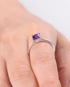 A 0.5 carat 5mm Princess Cut Natural Amethyst ring Accent stones: white CZ The stones of the ring can be replace with other different kinds of gemstone such as morganite, aquamarine, amethyst, citrine, white CZ, pink CZ,etc. If you want to customize your own personal ring, please feel free to contact with me. (925 sterling silver white/yellow/rose gold plated or solid 14k white/yellow/rose gold are available) 14 days money back guarantee. Classic Amethyst Diamond Ring With Brilliant Cut, White Gold Amethyst Ring With Accent Stones, Purple Brilliant Cut Rings For Promise, Classic Amethyst Promise Ring With Brilliant Cut, Diamond White Birthstone Ring With Cubic Zirconia, Purple Diamond Ring With Diamond Accents For Anniversary, Amethyst Ring With Diamond Accent Stones In Round Cut, Purple Diamond Ring With Prong Setting For Promise, Amethyst Round Cut Ring With Diamond Accents For Promise