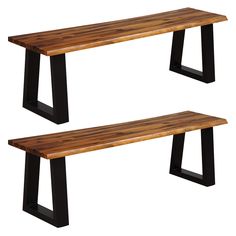 two wooden benches sitting next to each other on top of a white background with black metal legs