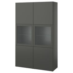 a tall gray cabinet with two glass doors