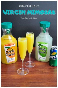 three glasses filled with orange juice next to two bottles of lemonade and an empty bottle