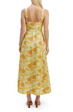 Sunny blooms brighten this dreamy midi designed with a corset-like bodice featuring structured boning for a cinched look. 44 1/2" length Exposed back-zip closure Sweetheart neck Cotton lining 100% ramie Hand wash, line dry Imported Ruched Bodice Midi Dress For Garden Party, Spring A-line Maxi Dress With Lined Bodice, Summer Midi Dress With Ruched Bodice, Tea Length, Spring Midi Dress With Fitted Ruched Bodice, Spring Midi Dress With Ruched Fitted Bodice, Sundress Midi Dress With Lined Bodice For Garden Party, Sundress With Lined Bodice For Garden Party, Summer Midi Dress With Lined Bodice, Tea Length, Spring Knee-length Maxi Dress With Ruched Bodice