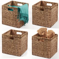 four baskets with teddy bears in them, one is brown and the other is green