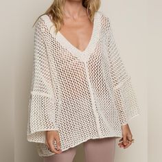 Nwt Open Knit V-Neck Sweater By Pol | Small | Cream The Prefect Addition To Your Sweater Rotation. Open Weave Loose Fit Sweater Top Featuring Low V Neckline With Reverse Stitch Detail On Body And Armhole. Wear On The Shoulder Or Off Shoulder For A Fun And Playful Look. 61 Acrylic | 39 Poly Bohemian Crochet Bell Sleeve Neutral Beachy Vibe Long Sleeve Knit Top For Vacation, Fall Vacation Sweater With Textured Knit, Bohemian Chunky Knit Tops For Spring, White Stretch Sweater For Vacation, Long Sleeve Pointelle Knit Crochet Top For Vacation, Open Knit Sweater For Vacation, Winter Vacation Knit Top, Pointelle Knit Sweater For Vacation, Knit V-neck Crochet Top For Vacation