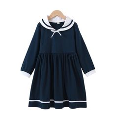 Girls Long Sleeve Casual Princess Pleated Dress Girls Wholesale Clothing - PrettyKid Solid Color Spring School Dress, Long Sleeve Cotton School Dress, Cute Winter Dress For School, White Long Sleeve School Dress, Blue Long Sleeve Preppy Dress, Long Sleeve Winter School Dress, Casual Winter School Dress, Casual Winter Dresses For School, Cute Navy School Dress