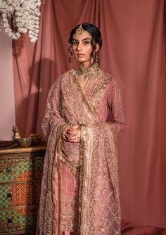 Pink Pakistani Wedding Dress, Pakistan Wedding Dress, Pink Kameez, Wedding Sharara, Raw Silk Pants, Sharara Dress, Net Sleeves, Dupatta Border, Pakistan Wedding