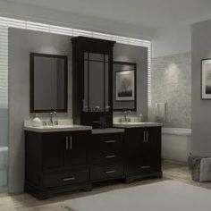 a large bathroom with two sinks and mirrors