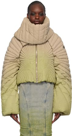 Garment-dyed DIST-certified down-filled quilted nylon taffeta jacket. Gradient pattern throughout. · Detachable funnel neck · Rib knit stand collar · Zip closure · Cropped hem · Press-stud fastening at raglan sleeves · Embroidered logo patch at sleeve · Inset rib knit cuffs · Webbing strap at back · Patch pockets at interior · Fully lined · Logo-engraved silver-tone hardware Part of the Rick Owens x Moncler collaboration. Supplier color: Acid degrade Fill: 90% goose down, 10% goose feather. Sims 4 Cc Puffer Jacket Accessory, 90s Puffer Jacket, Unique Puffer Jacket, Puffer Jacket Street Style, Quilting Jacket, Puffer Jacket Fashion, Futuristic Jacket, Quilted Fashion, Raglan Jacket