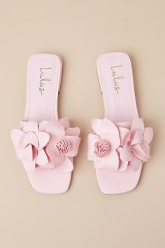 Find yourself looking like absolute perfection any time you create an outfit with the Lulus Reggina Peony Pink Flower Square-Toe Slide Sandals! Smooth faux leather shapes these too-cute summer sandals that feature a square footbed and a wide toe strap adorned with two oversized flower details. The simple, slide-on design makes these perfect for quick and easy styling! 0. 75" rubber heel. Lightly cushioned insole. Rubber sole has nonskid markings. Man made materials. Imported. Lulus | Reggina Peo Pink Sandals Aesthetic, Footwear Inspiration, Sandals Aesthetic, Light Pink Heels, Flower Heels, Dream Shoe, Pretty Sandals, Closet Shoes, Peony Pink