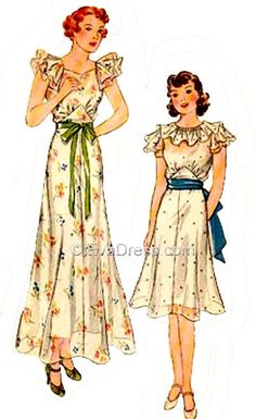 "Originally by Simplicity, 'Juniors' and Girl's Graduation or Party Frock. Circular ruffles, which are gathered at the shoulder line, give this dress a crispness that young girls love. The skirt, which has four pieces, flares at the bottom and may be made in ankle or shorter length. 10-piece hand-drafted pattern in VINTAGE pattern size 14 fitting 32\" bust, 26\" waist & 35\" hip. 1/2\" seams are given. All of my patterns are full size on 18-lb translucent bond paper and in stock as I print t Vintage Sleeveless Dress With Ruffled Skirt, Sleeveless Vintage Dress With Ruffled Skirt, Vintage White Dress With Ruffled Skirt, Vintage Party Dress With Ruffle Hem, Vintage Wedding Dress With Ruffled Skirt, Vintage Fitted Dress With Ruffled Skirt, Fitted Vintage Dress With Ruffled Skirt, Retro Short Sleeve Dresses With Ruffles, Vintage A-line Dress With Ruffle Hem