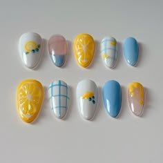 Solid Color Nails With Simple Design, Lemon Themed Nails, Nail Inspo Creative, Blue Yellow And White Nails, Blue And Yellow Nail Art, Blueberry Lemon Nails, Blueberry Nail Design, Amalfi Nails, Gingham Nail Art