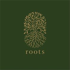 the roots logo is shown in gold and green colors on a dark background, with an image of a tree's leaves