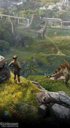 an image of dinosaurs in the wild with two people looking at them and one person standing on