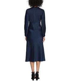 Maggy London Long Sleeve Satin Twisted V-Neck Knotted Midi Dress | Dillard's Silk V-neck Dress For Fall, Sleek Long Sleeve Satin Dress For Date Night, Fitted Long Sleeve Bias Cut Midi Dress, Long Sleeve Silk Dress For Work, Elegant Long-sleeve Silk Dress For Work, Elegant Long Sleeve Silk Dress For Date Night, Sleek Long Sleeve Silk Midi Dress, Chic Long Sleeve Bias Cut Midi Dress, Sleek Silk Dress For Fall