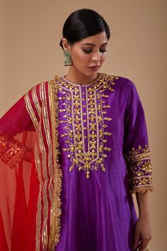 Purple three fourth sleeves short anarkali with gold toned floret gota embroidery and sequin, pearls highlights. Paired with a gota floral jaal embellished salwar and contrasting red kiran lace border organza dupatta. - Aza Fashions Short Anarkali, Gota Embroidery, Anarkali Salwar, Organza Dupatta, Embroidered Shorts, Lace Border, Set For Women, Anarkali, Aza Fashion