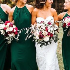 the bridesmaids are all wearing green dresses and holding bouquets in their hands